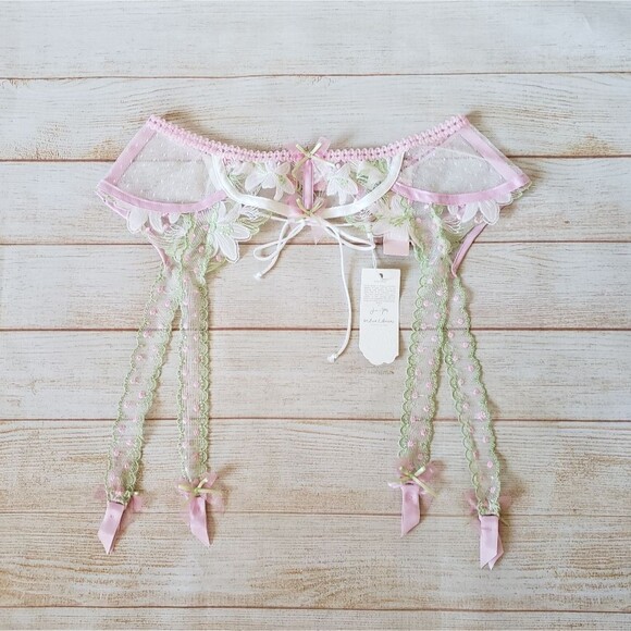 For Love & Lemons Victoria's Secret Floral Applique Lace Bow Satin Garter Large